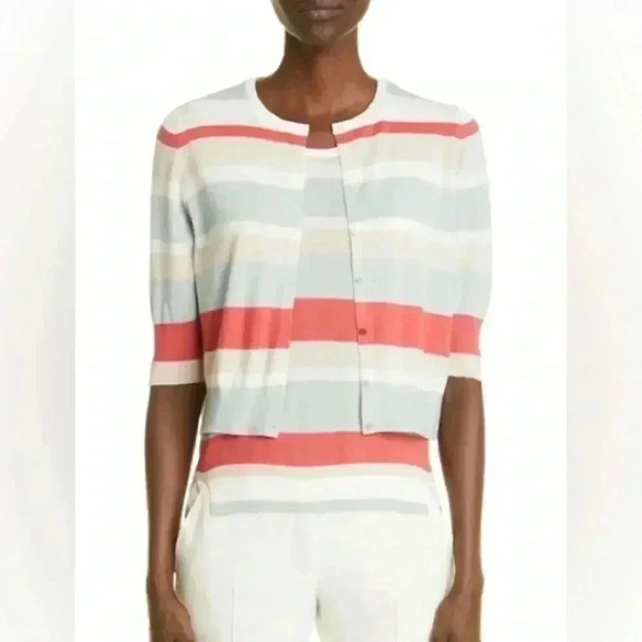 Akris Punto STRIPE WOOL CARDIGAN IN MINT-CREAM-PEACHY PINK Small - Picture 1 of 7